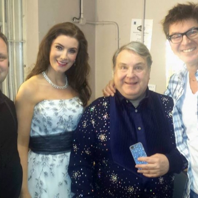 Margaret pictured backstage at the Theatre Royal with Paul Potts, Russell Grant and tenor Robert Meadmore